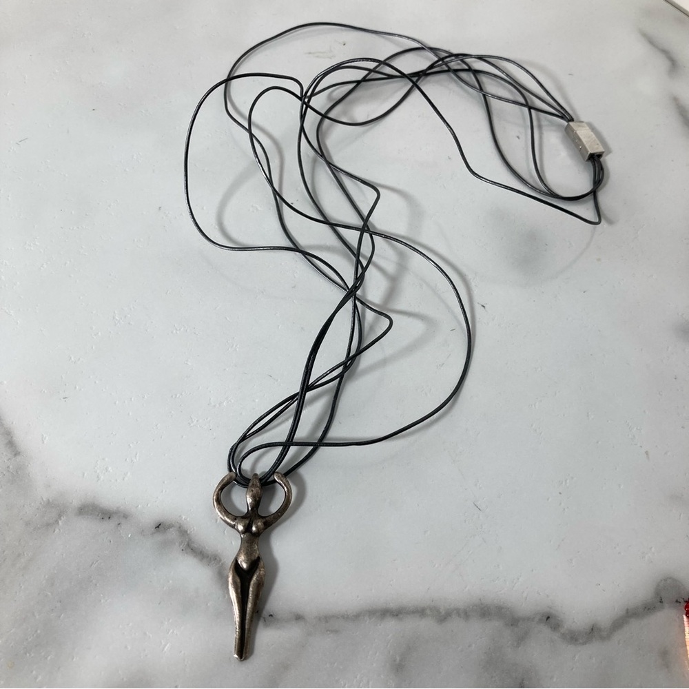 Goddess Figure Pendant Necklace in Metallic Silver on Black Cord